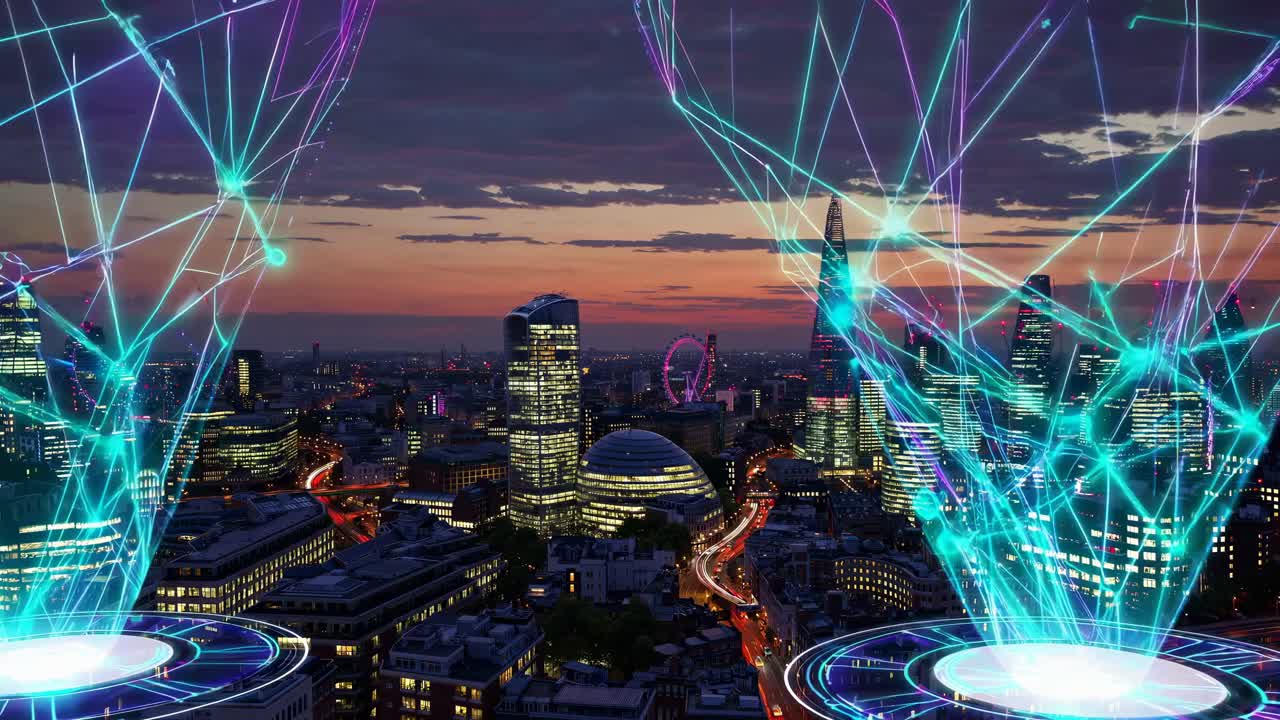 London Skyline at Night with Digital Network Overlay