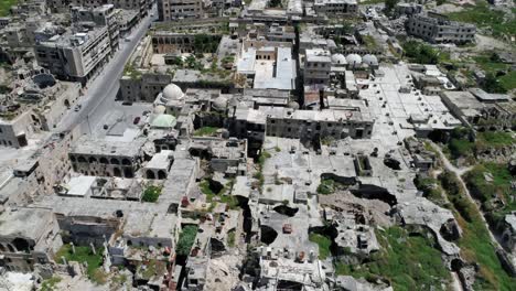 the old city center of aleppo 10 years after the war, under the sunlight - aerial view 4k