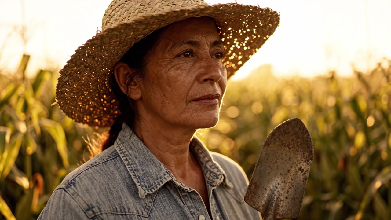 Un agricoltore resiliente si erge in un campo di mais illuminato dal sole, tenendo una paletta lucida, incarnando dedizione e passione per l'agricoltura su uno sfondo di colture dorate
