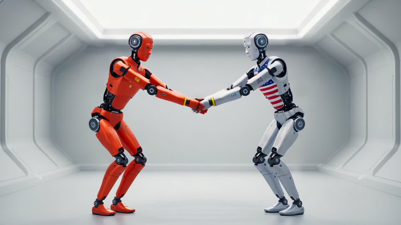 Two Advanced Robots in an Engaging Interaction: The Orange Robot from One Nation and the Silver Robot from Another Engaging in a Dynamic Exchange in a Futuristic Space