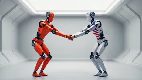 two advanced robots in an engaging interaction: the orange robot from one nation and the silver robot from another engaging in a dynamic exchange in a futuristic space