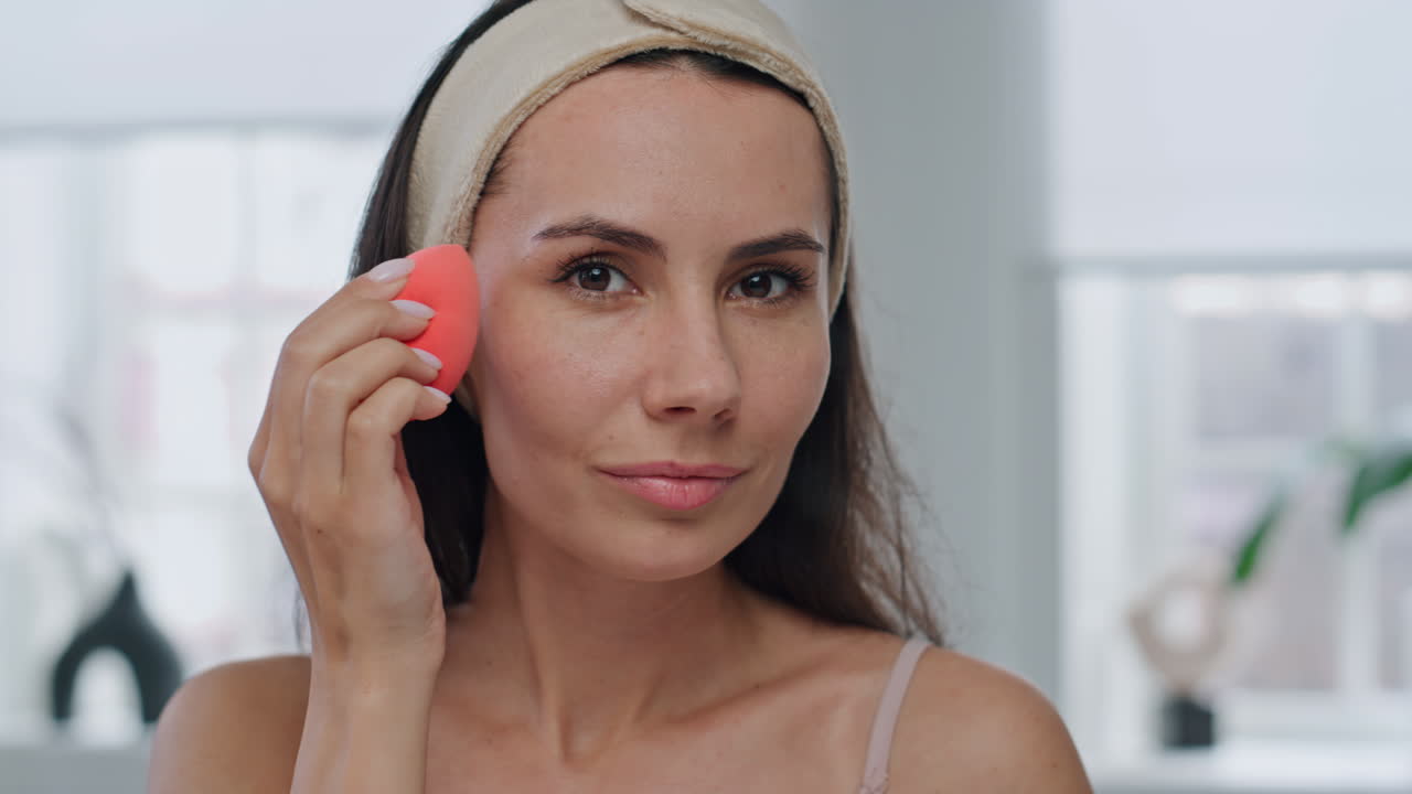 Makeup woman using sponge tool home mirror pov portrait. Lady preparing makeup