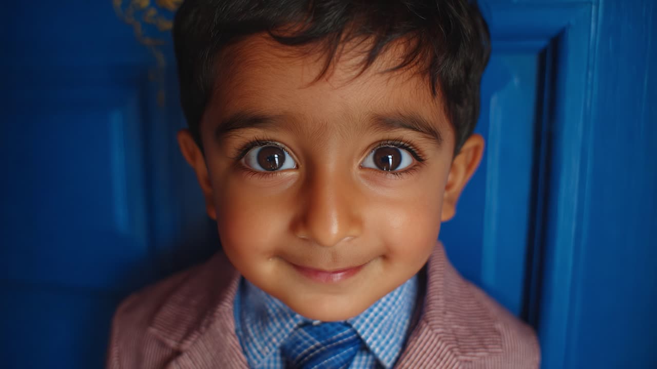 A Young Boy in a Smart Suit and Tie Smiling Against a Vibrant Blue Door, Capturing the Joy of Childhood in Two Adorable Frames