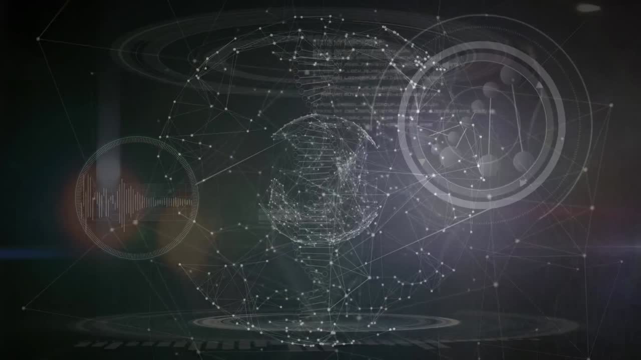 animación de la cadena de adn que gira sobre el procesamiento de datos científicos en fondo negro