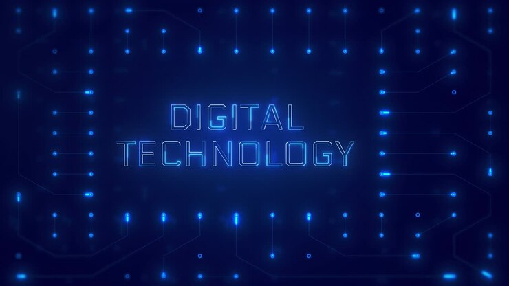 Testo animato sulla tecnologia digitale su circuito stampato blu