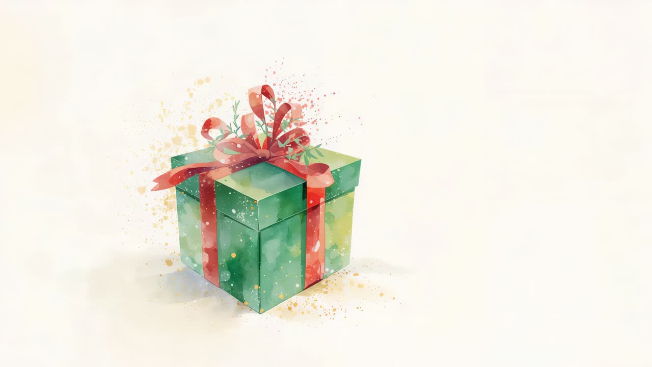 Zoom su una confezione regalo verde che rivela un fiocco e un nastro rossi su uno sfondo di carta dai toni caldi, con schizzi di vernice