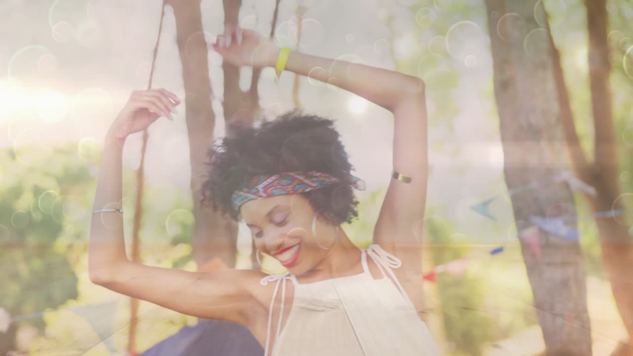 Smile sparking woman raising tilting touching hair, ending arms open with bokeh over tent marketing