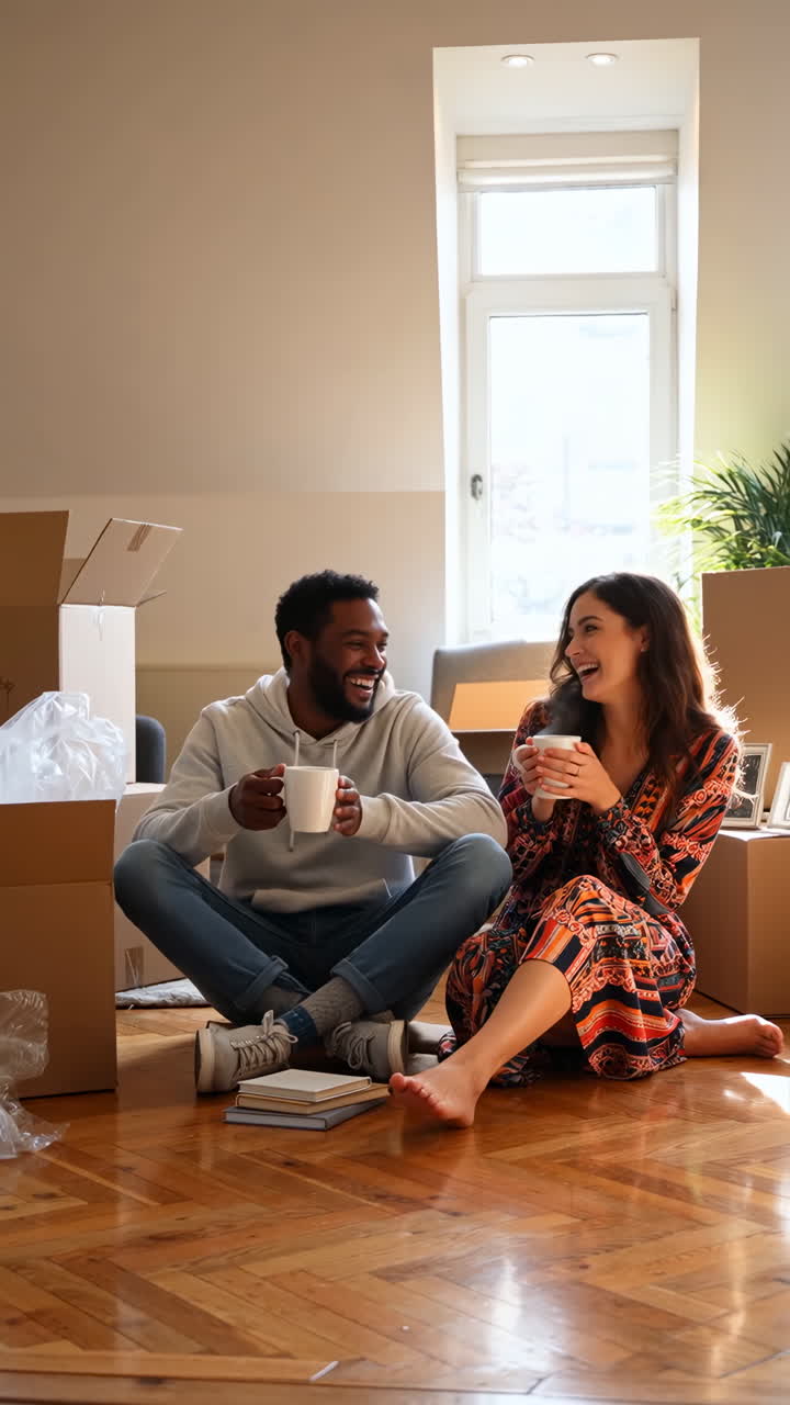 Happy Couple Taking a Coffee Break on Moving Day in Their New Home
