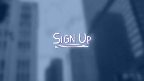 animation of sign up text over cityscape