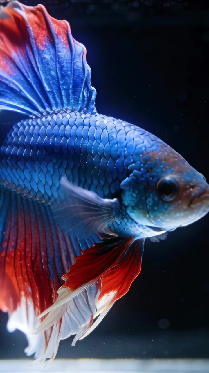 Video verticale: Pesce Betta che si gonfia e sventola le pinne a mezz'acqua in un acquario, stimolato dall'illuminazione dall'alto.