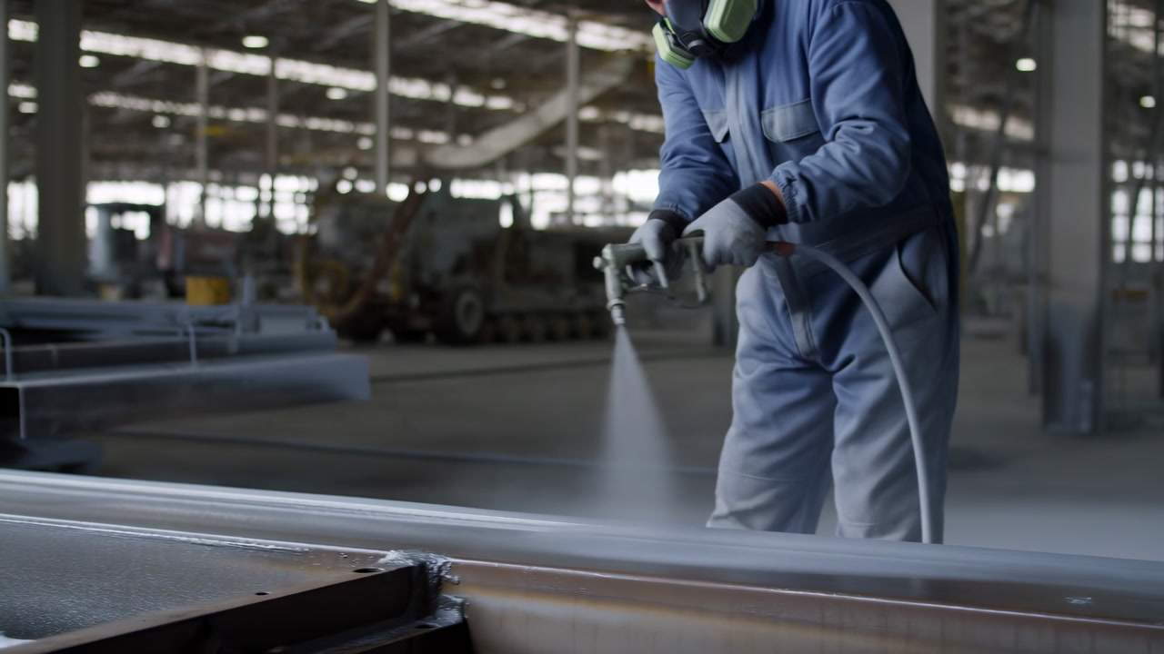 Worker Spraying Protective Coating On Metal Beam Inside Spacious Factory, Wearing Full Protective Suit