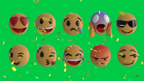 Animación-De-Iconos-Emojis-Sobre-Confeti-Cayendo-Sobre-Fondo-Verde