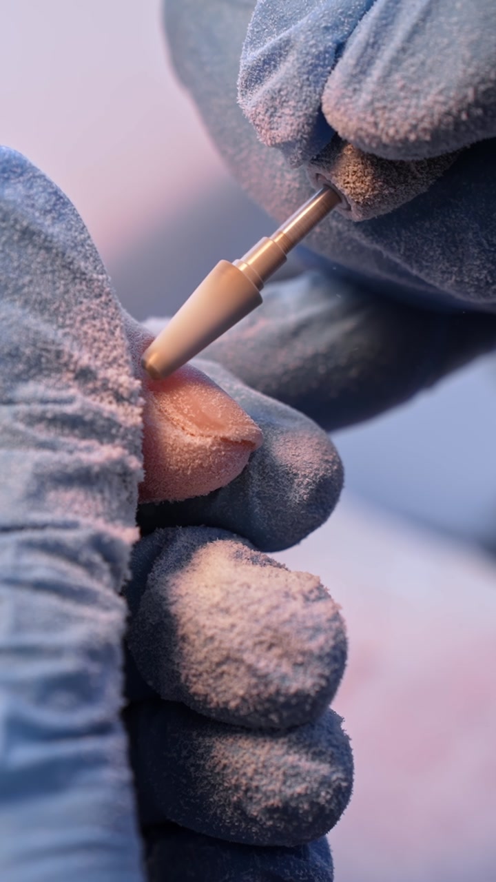 Vertical macro shot of an electric nail bit refining a natural fingernail, with visible filing dust, precise manicure prep, and detailed professional salon technique.