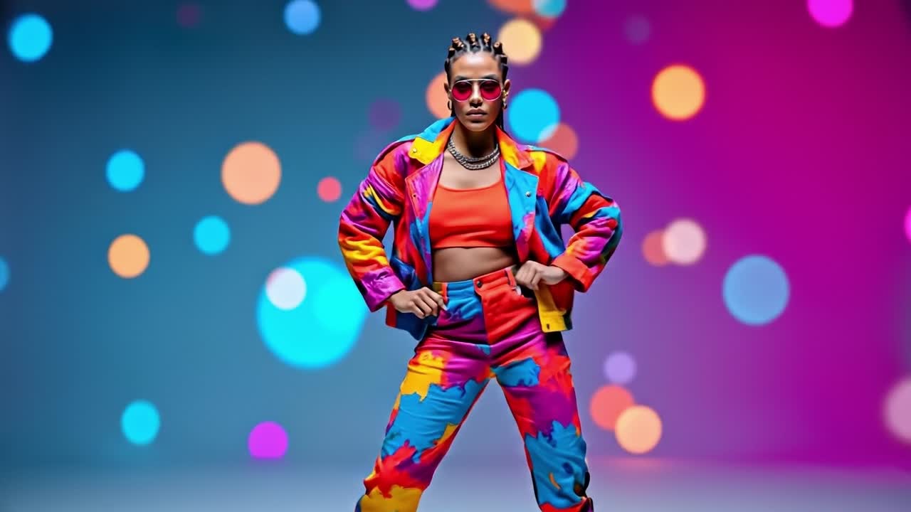 A woman in a colorful jacket and sunglasses sitting on a stool