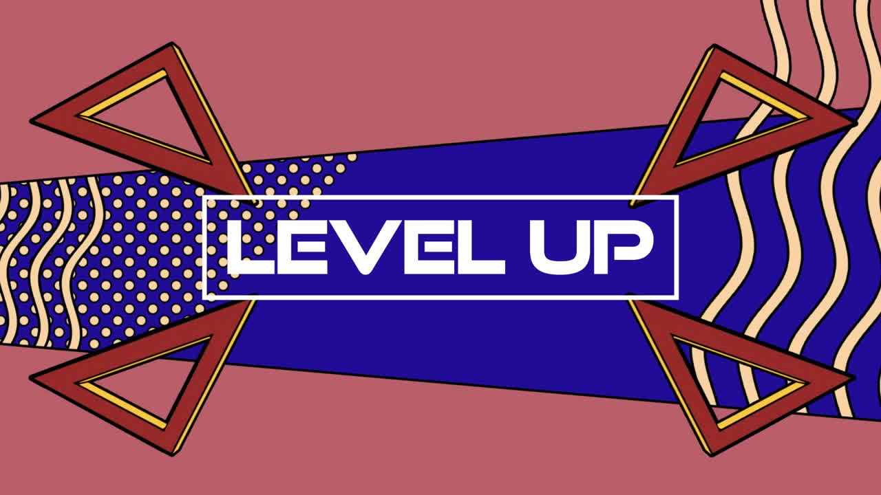 파란색 배경의 다채로운 모양 위에 레벨 업 텍스트의 애니메이션