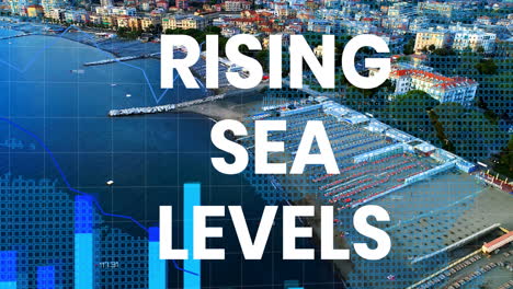animation of rising sea levels over financial graph and seascape