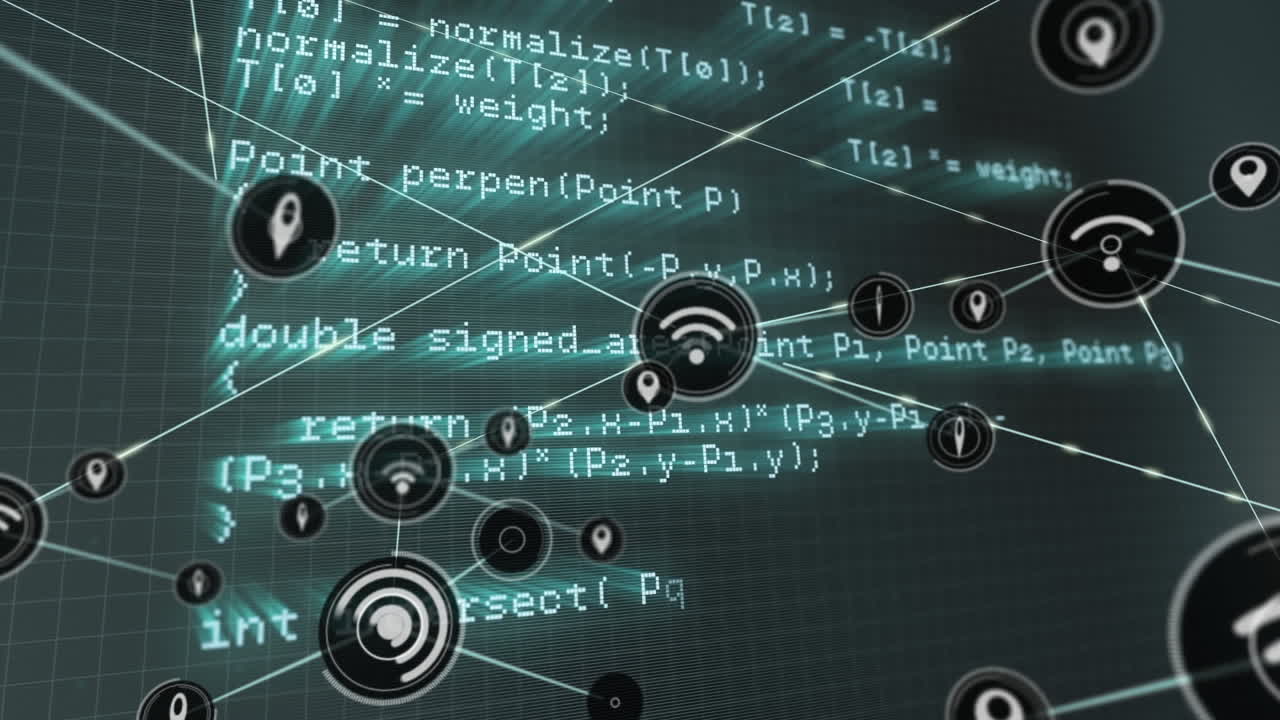 animação de ícones conectados sobre linguagem de computador em loop contra fundo cinza