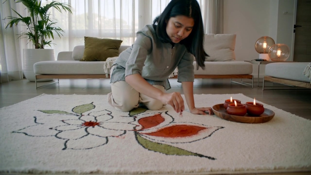 Donna asiatica inclinata in avanti che sparge pigmento rosso per decorare un petalo di tappeto a casa, con candele su un vassoio.
