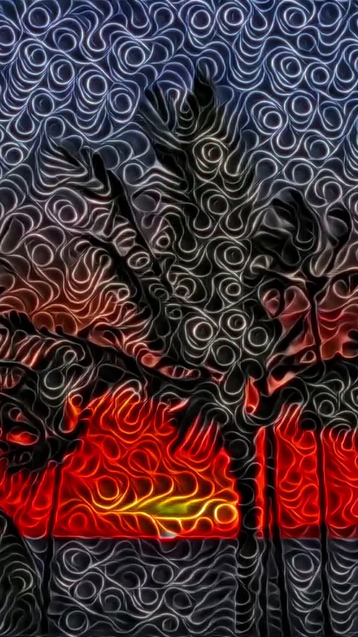 Animazione astratta verticale di palme che ondeggiano al tramonto con motivi a spirale vorticosi e colori vivaci su sfondo nero in loop continuo