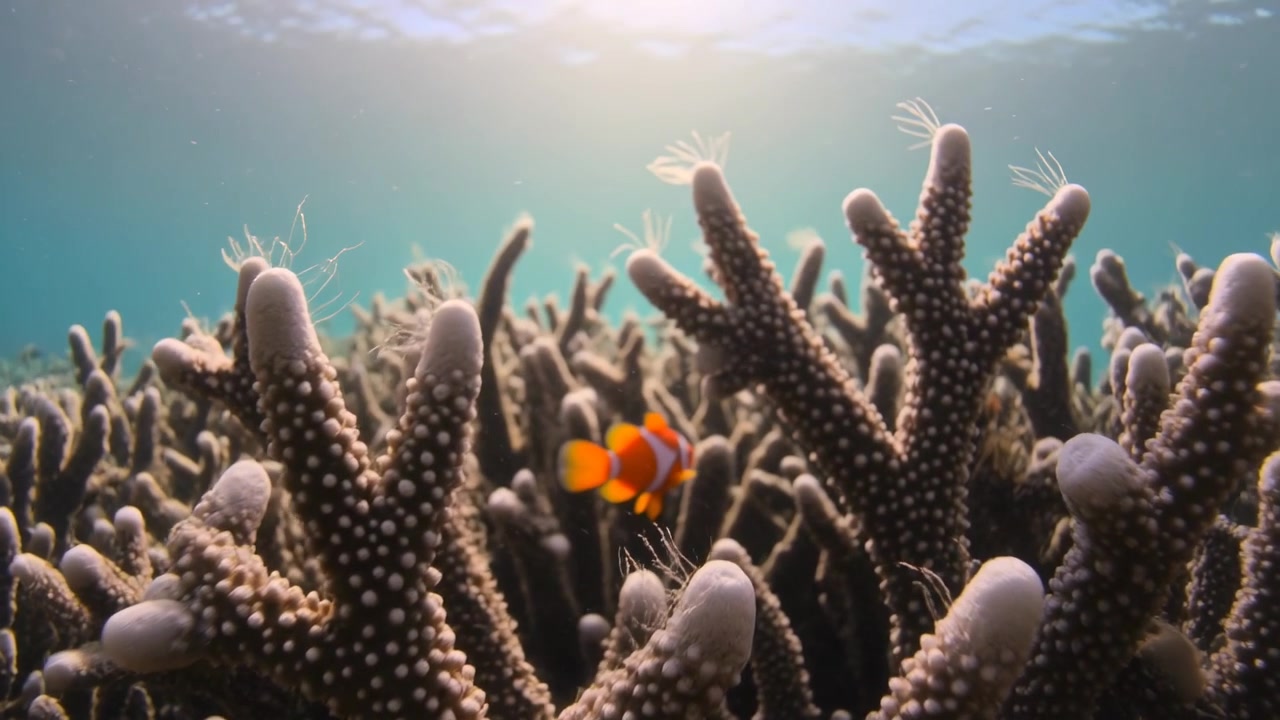 Percependo uno spazio più chiaro, un piccolo pesce pagliaccio arancione e bianco si muove attraverso il corallo a corna di cervo nella barriera corallina, illuminato dal sole