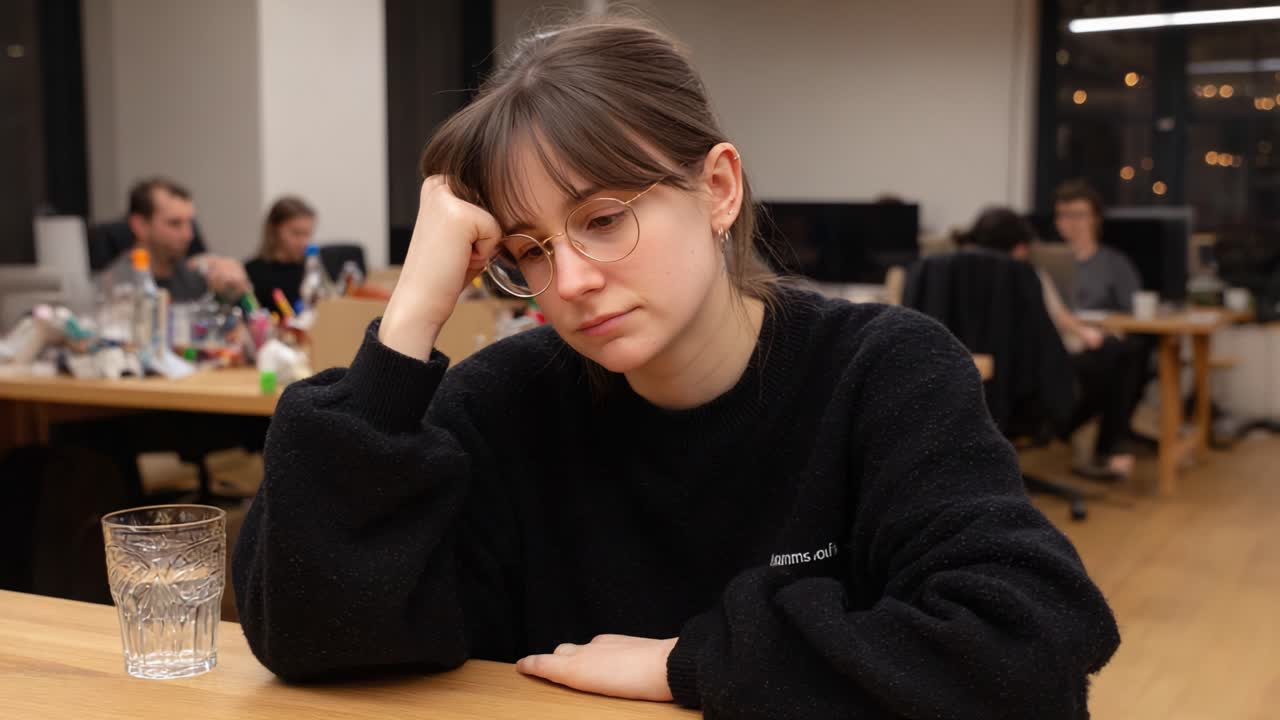 A Young Woman Pondering in a Modern Workspace: Capturing a Moment of Reflection Amidst a Busy Environment