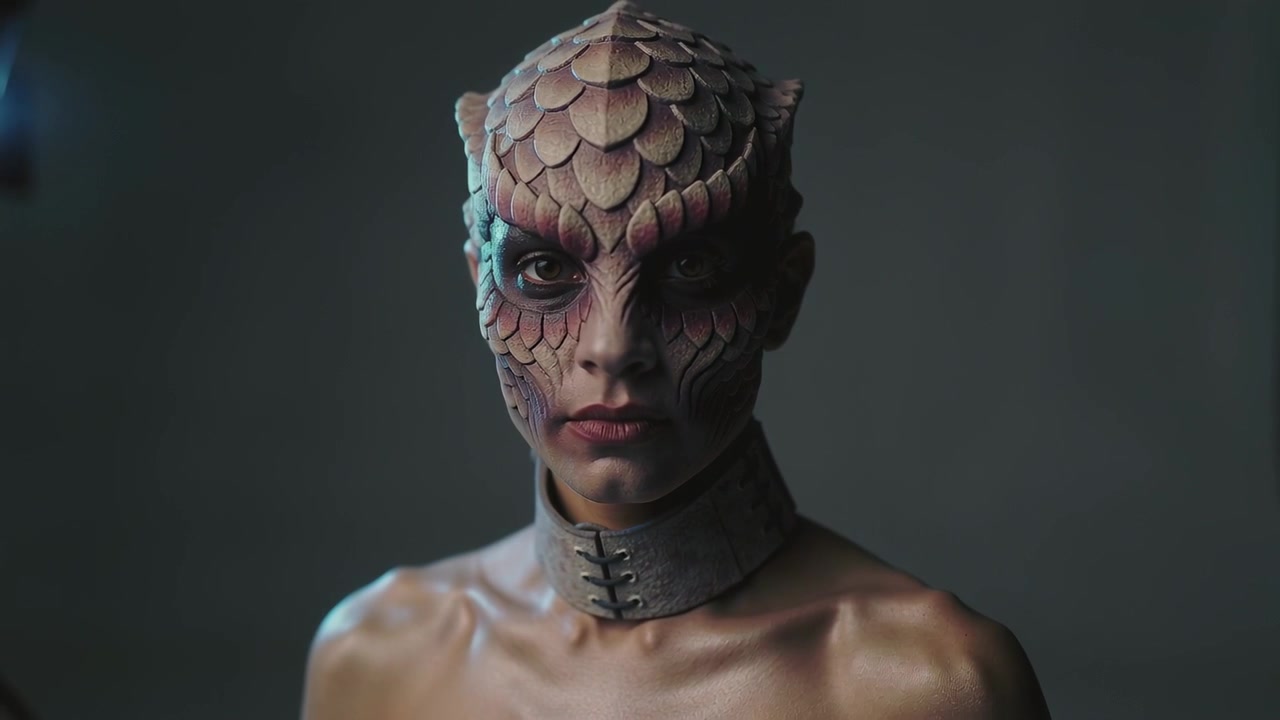 Camera rolling, female model rotating to face camera in studio, showing scale headpiece and collar