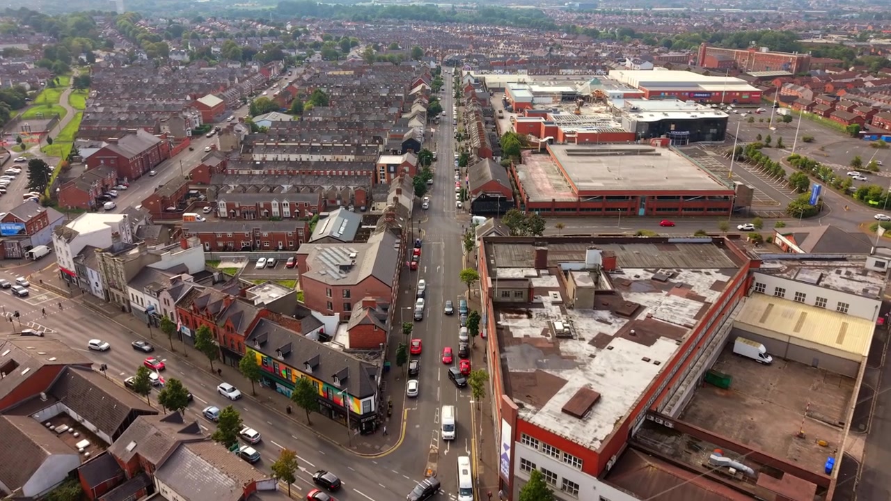 Wide 4K 25FPS slow motion aerial video of the Newtownards Road in East Belfast, Northern Ireland, UK. Produced in 3840x2160 with Rec709 colour.
