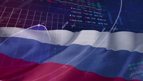 Animation-of-financial-data-processing-over-flag-of-russia