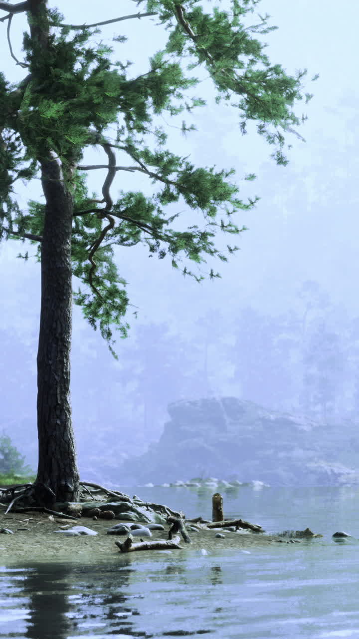 Misty lakeside landscape with trees and rocks in the early morning light