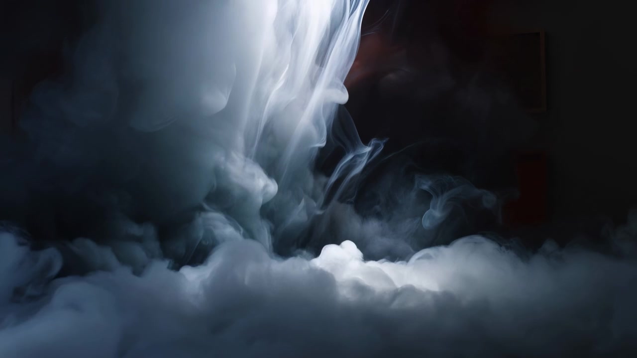 Vertical plume of white and bluish vapor lifts from thick ground mist, spreading into translucent ribbons and wisps while compact base stays bright, soft, atmospheric, and moody, with smoke, vapor