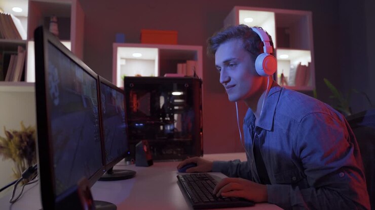 Giovane gamer che gioca a videogiochi online