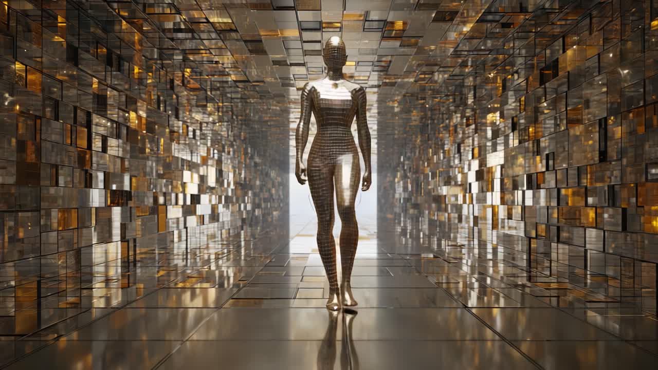Futuristic Woman in Metallic Tunnel