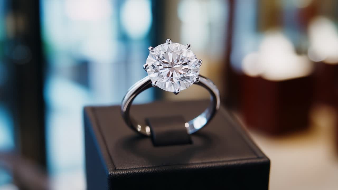 Squisito anello con diamante taglio brillante elegantemente esposto in una gioielleria, che mostra la sua scintillante bellezza e maestria sotto una luce soffusa