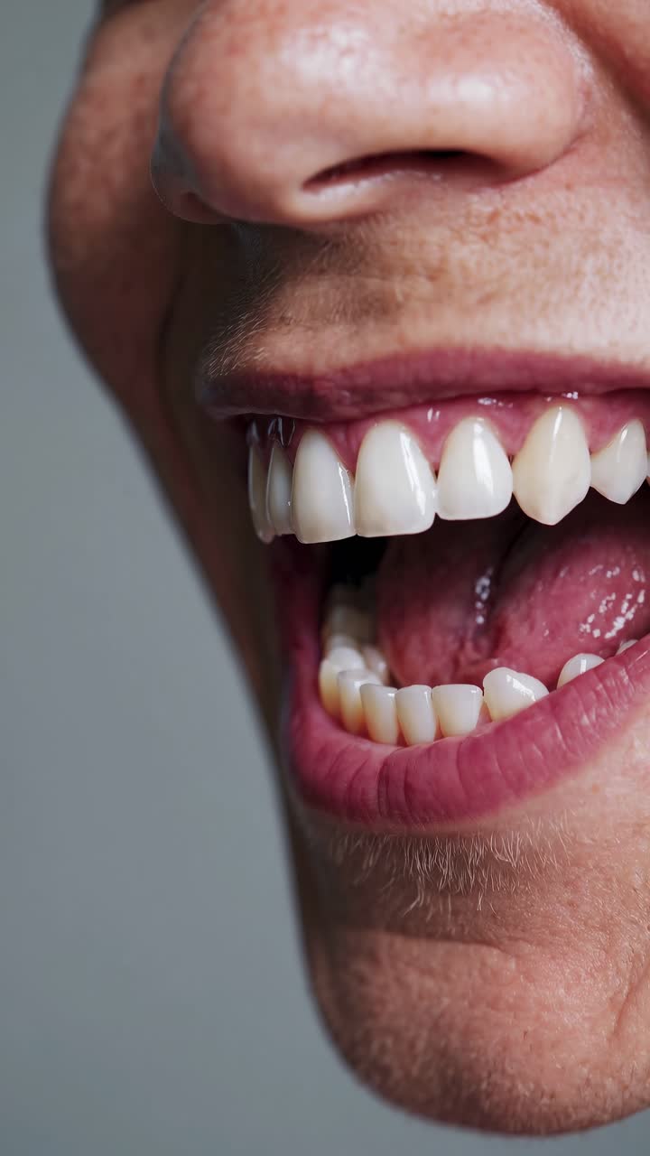 Vídeo em close-up de uma boca sorrindo, capturando detalhes dos lábios e dentes