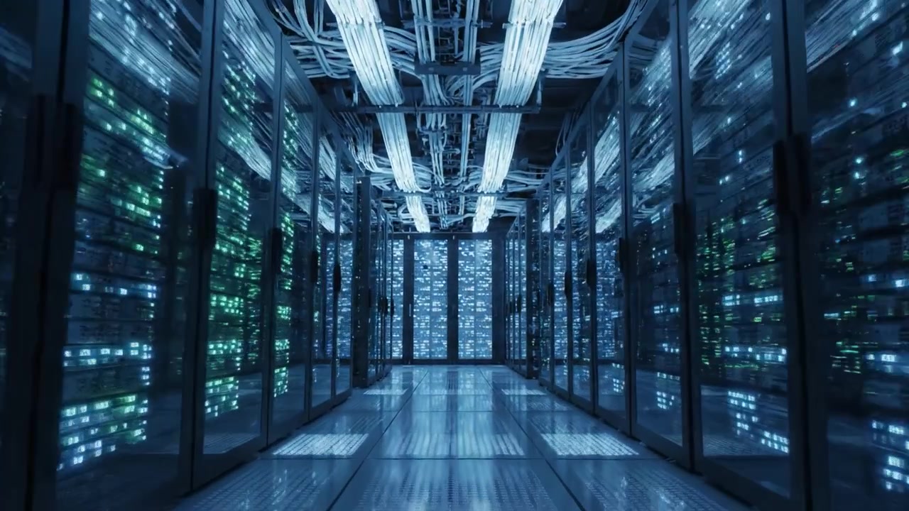 Et innblikk i et høyteknologisk datasenter: Opplyste rack og høyhastighets tilkobling fanget i to slående visuelle rammer
