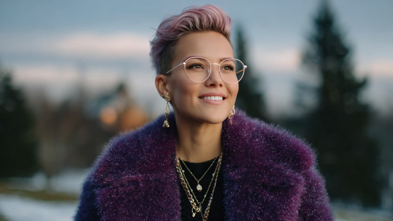 Un momento di gioia immortalato: una persona con capelli corti color lavanda ed eleganti occhiali si gode la vita in un paesaggio invernale con una delicata illuminazione naturale