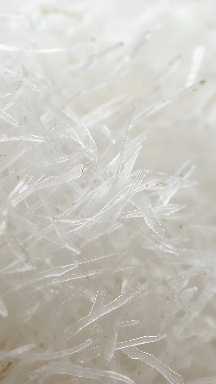 Vertical video: Starting macro pass, camera moving over needle shards on white base, showing specks