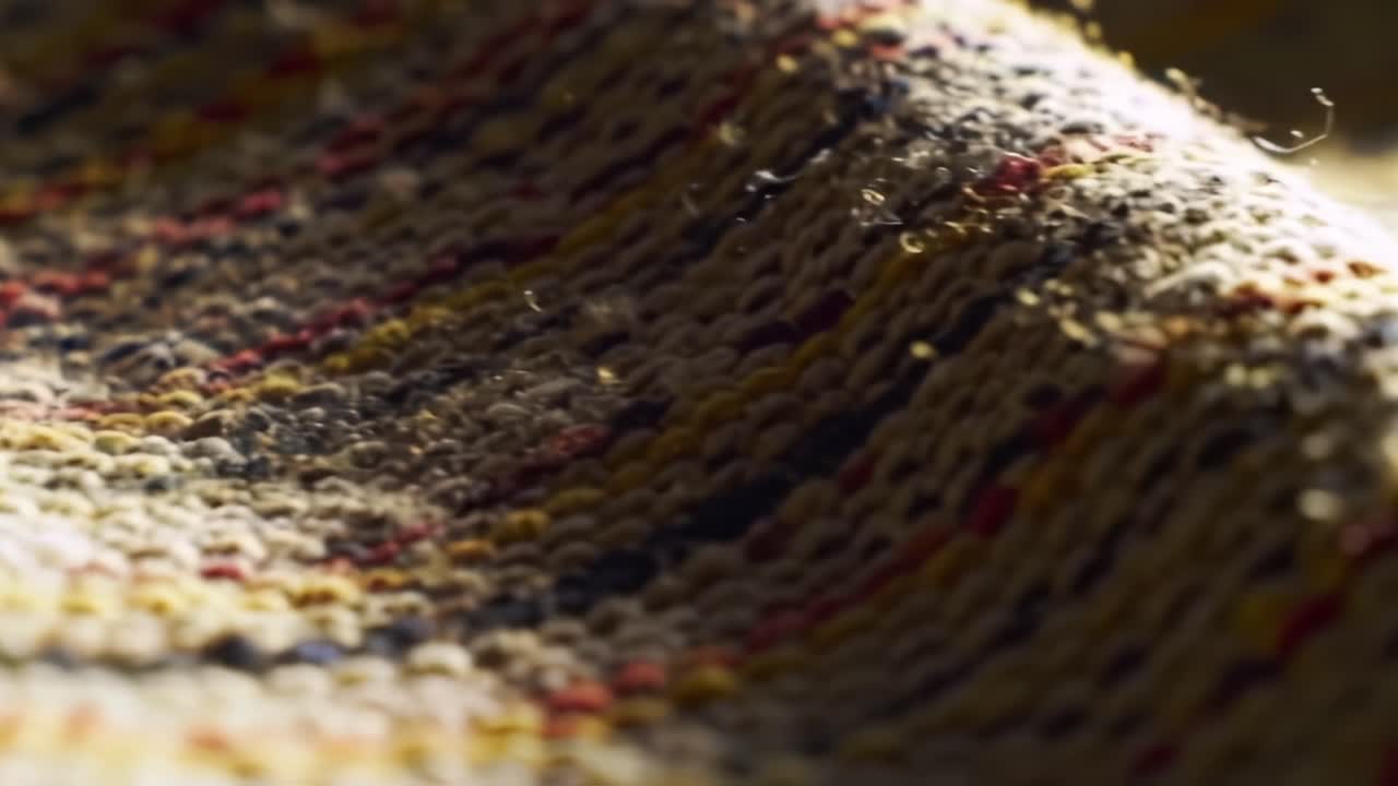 Textured Close-up of Woven Fabric Displaying Intricate Patterns and Colors in a Soft, Warm Light, Highlighting the Craftsmanship and Material Quality in the Scene