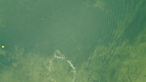 Top-down-aerial-shot-motorboat-rotate-on-sea-and-do-some-waves-and-foam