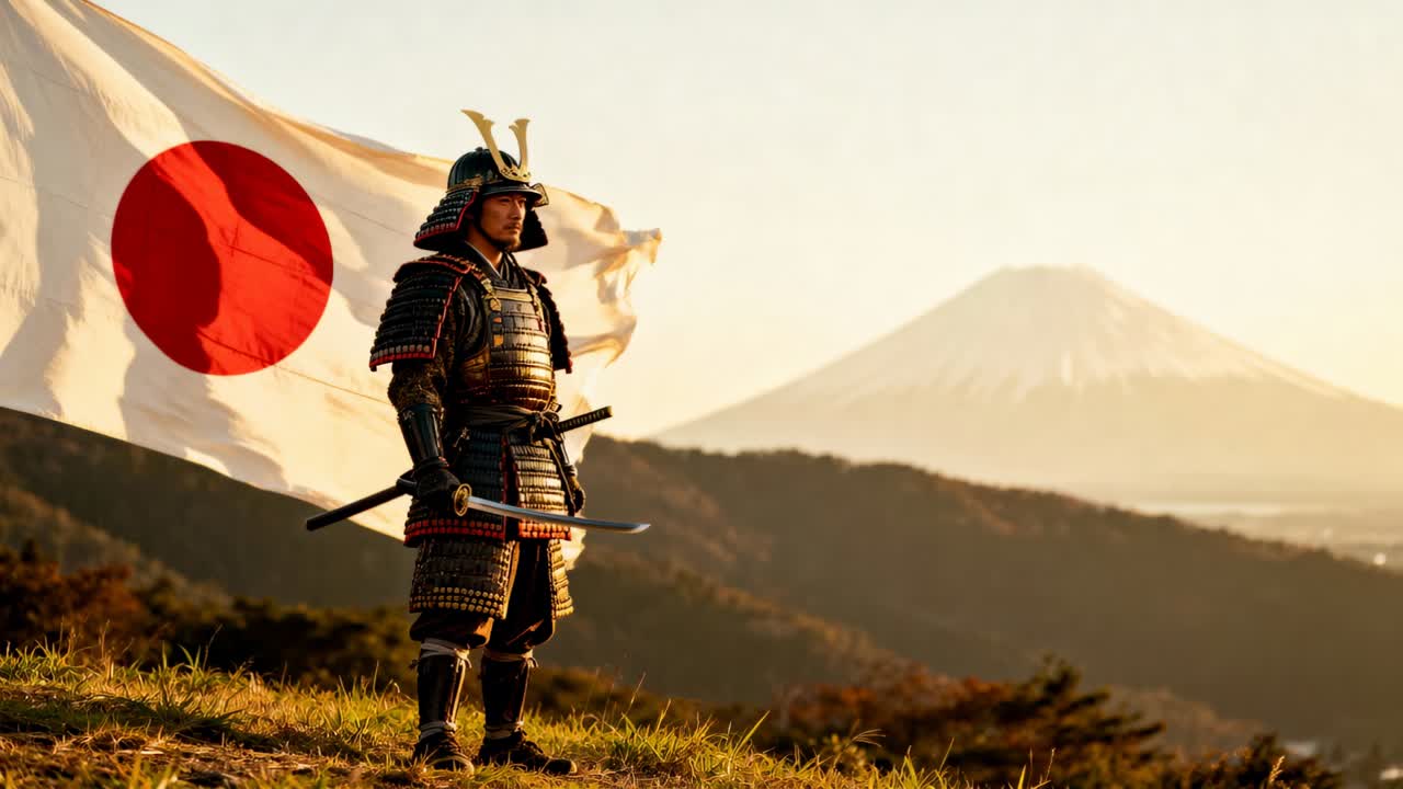 Samurai in armatura in piedi che impugna una katana su una cresta erbosa, la brezza fa gonfiare la bandiera per il Monte Fuji