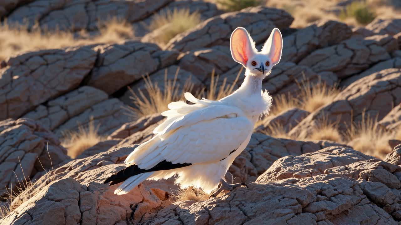 White Bird on Rocks in Desert Landscape