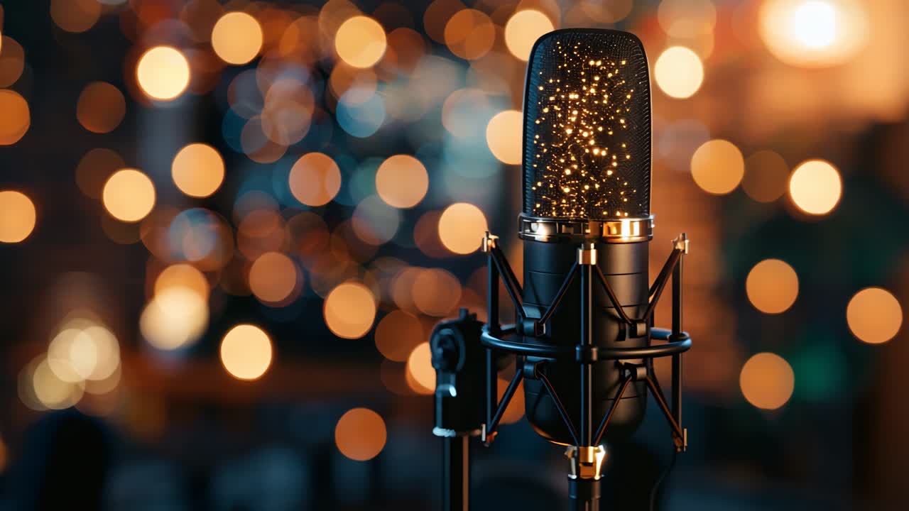 Microphone in a studio setting with bokeh lights