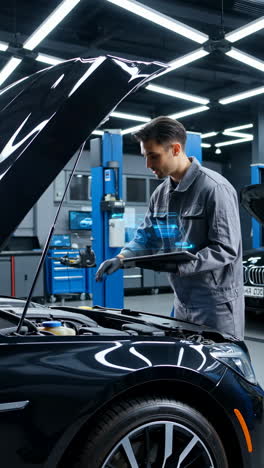 automotive technician using ai diagnostics for car repair