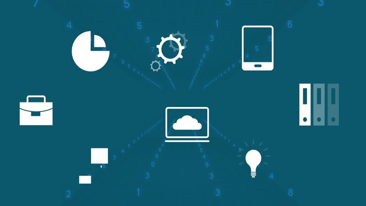 Business and technology icons with cloud computing animation over blue background