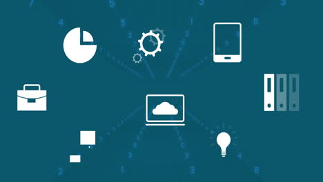 business and technology icons with cloud computing animation over blue background