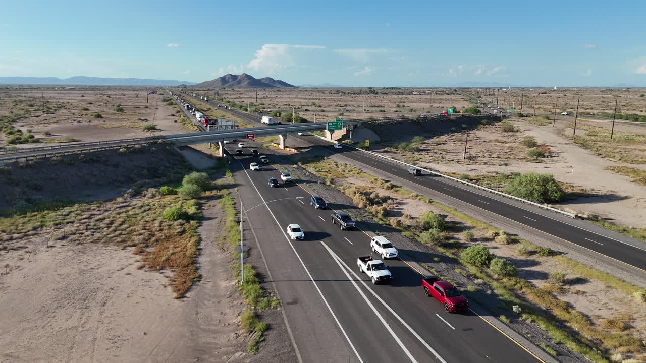 Traffic Slow down on Highway in Desert, Traffic Jam, Southbound on Interstate 10 in Southern Arizona, Exit 175, south mountain in background