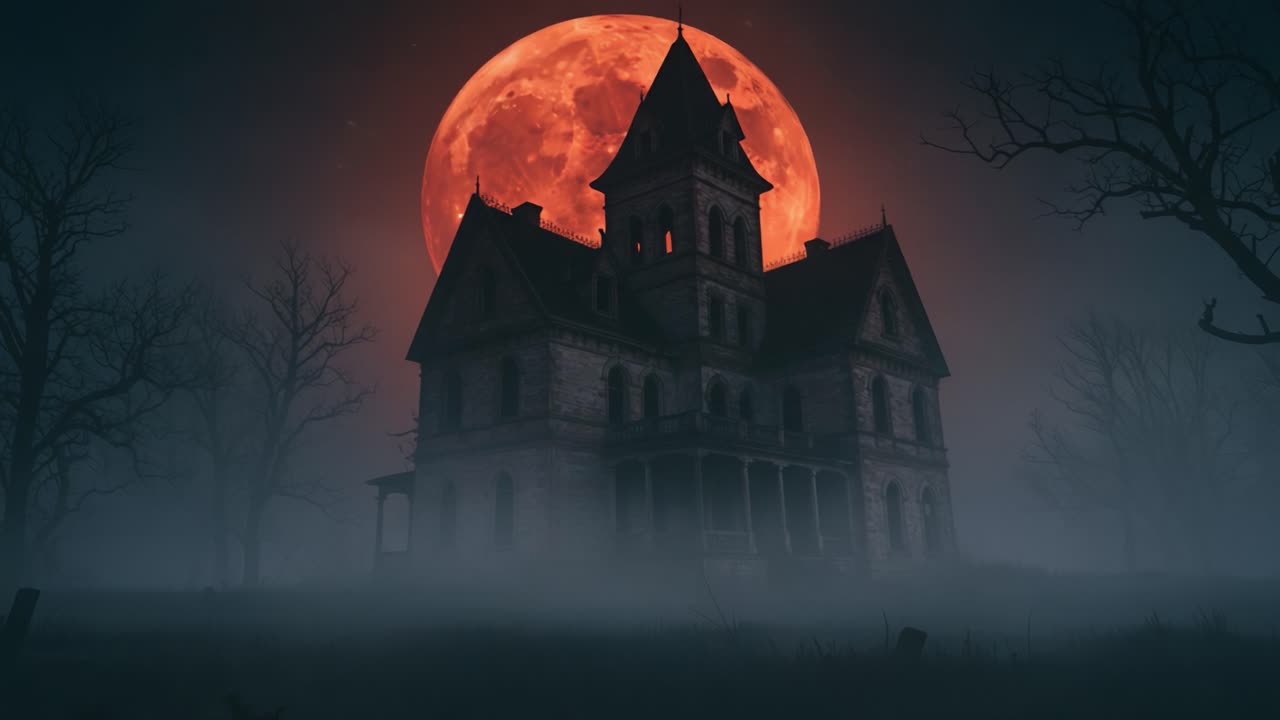 Una Spettrale Villa Gotica Sagomata Contro una Luna Rosso Sangue, Circondata da Nebbia Inquietante e Alberi Spogli, Che Evoca Sensazioni di Mistero e Intrigo.