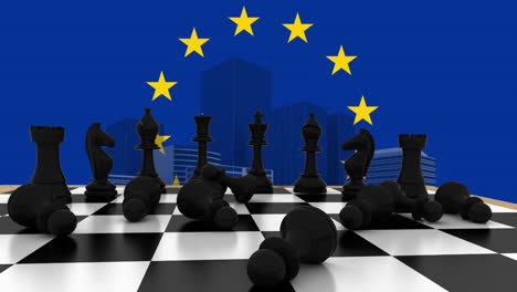 animación de piezas de ajedrez negras, bandera de la unión europea y edificios modernos contra un fondo azul
