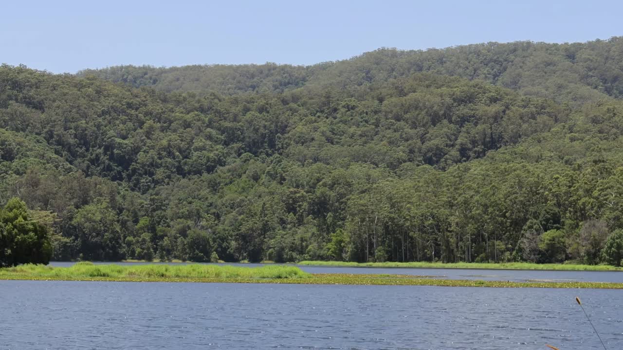A serene view of a calm lake bordered by lush, forested hills under a clear blue sky.