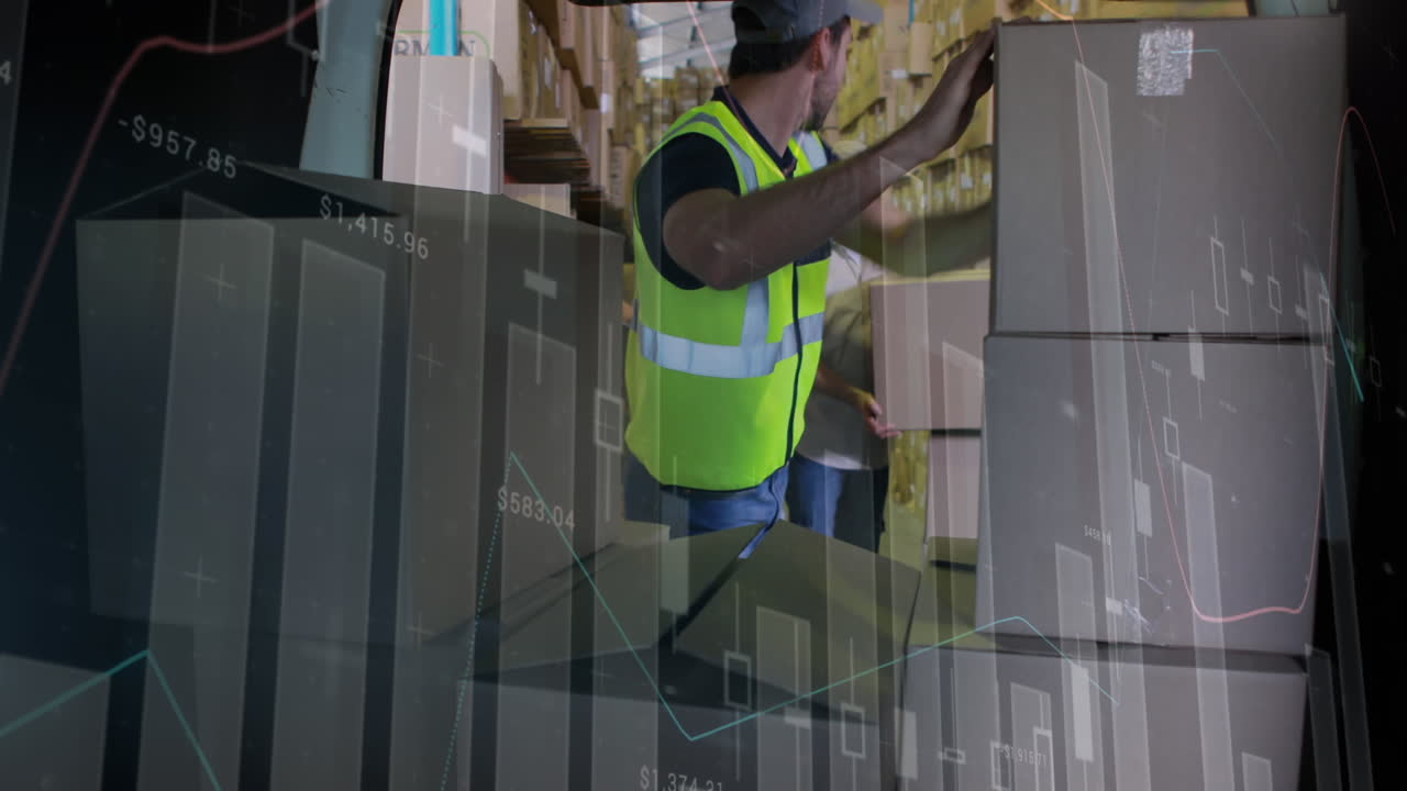 procesamiento de datos estadísticos contra un trabajador caucásico apilando cajas de entrega en una furgoneta de entrega